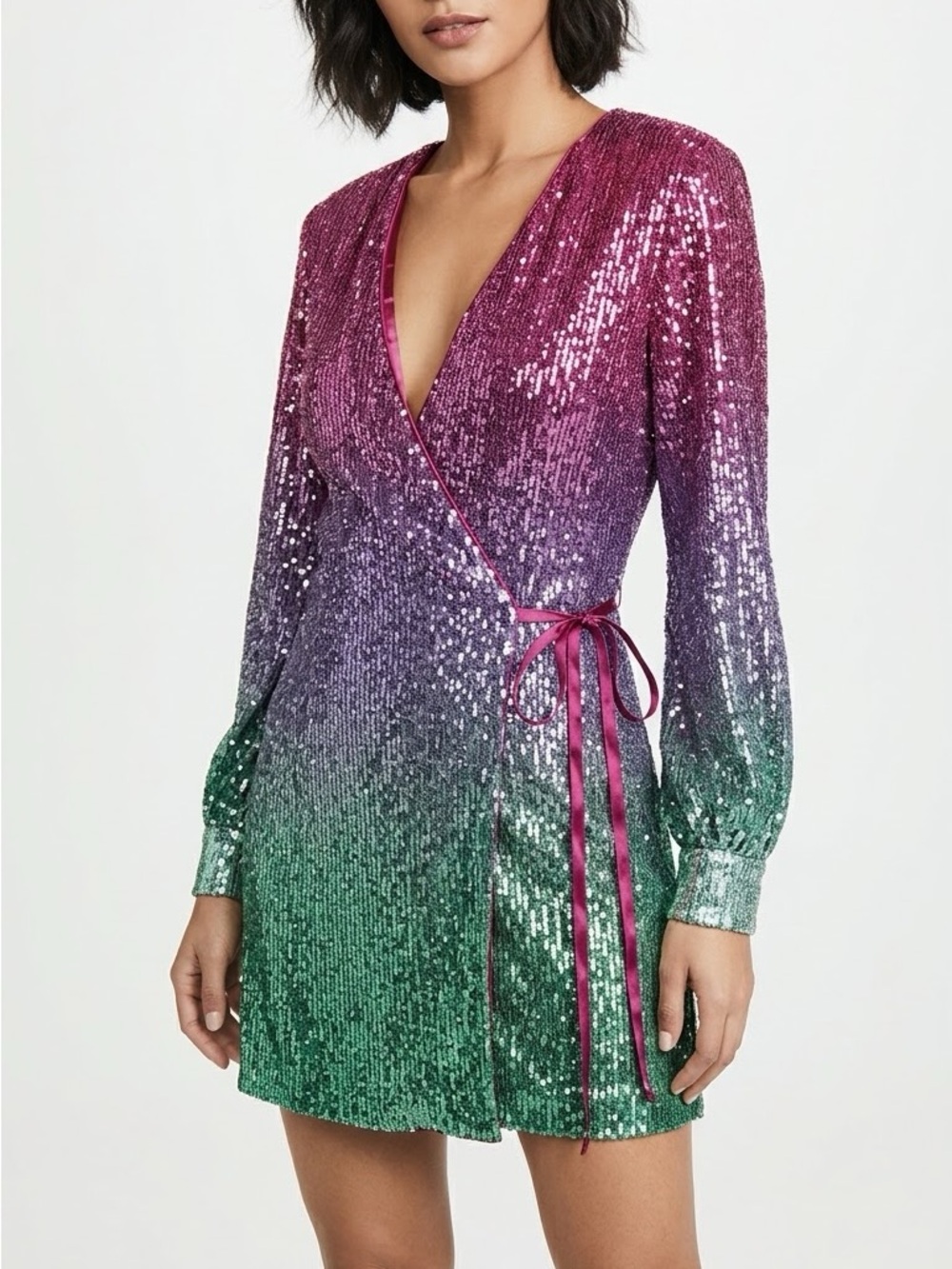 NWT Actualee Ombre Sequin Wrap Mini Dress Magenta Purple Green IT 42